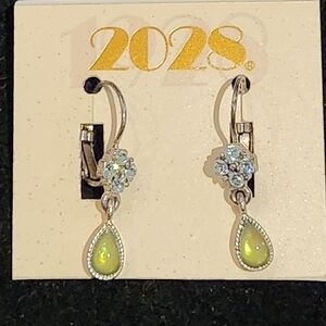 2028 Silver Tone Green Crystal Teardrop Dangle Earrings with Rhinestone Accents